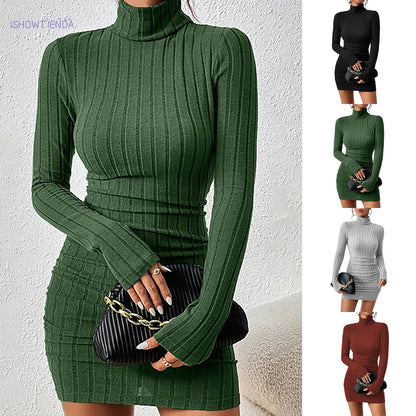 Robe pull femme col roulé moulante manches longues mini en maille douce
