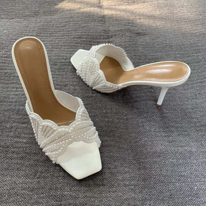 Sandales Femme Talon Haut Perles Orteil Carré