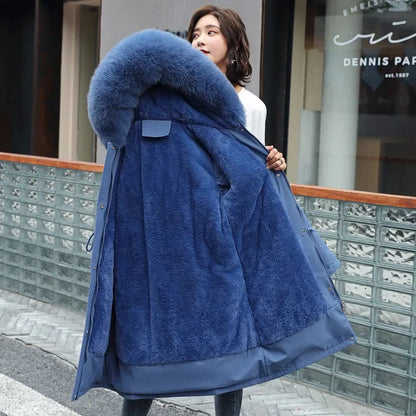 Doudoune longue femme capuche fourrure avec col fourrure et fermeture zippée
