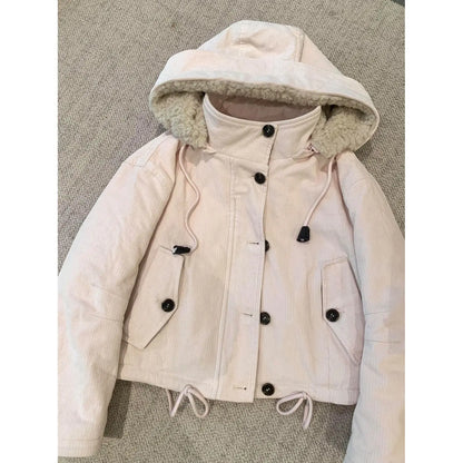 Veste courte femme aspect velours côtelé avec capuche doublée et col montant