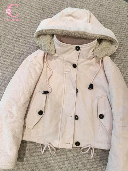 Veste courte femme aspect velours côtelé avec capuche doublée et col montant