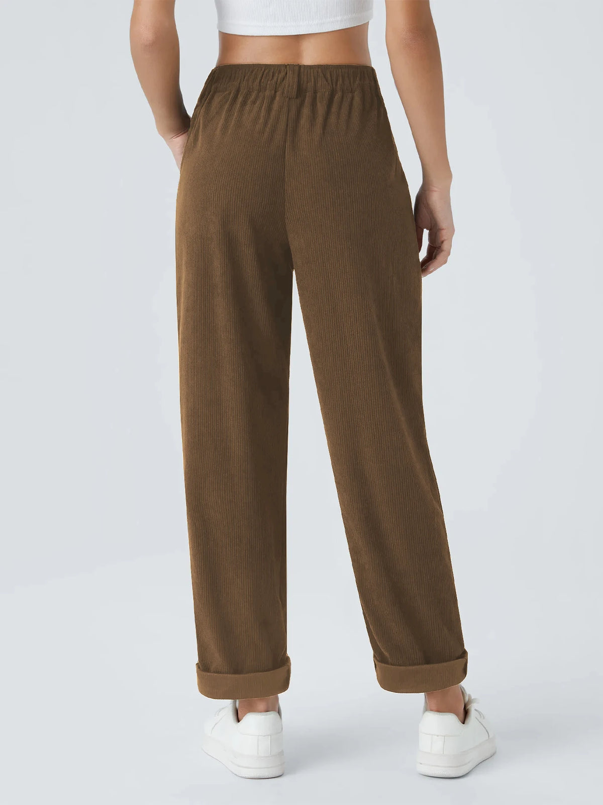 Pantalon velours femme jambe large coupe droite taille mi-haute casual automne hiver