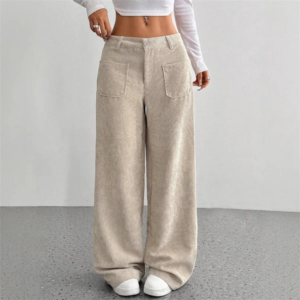 Pantalon velours femme côtelé jambe large taille haute hiver