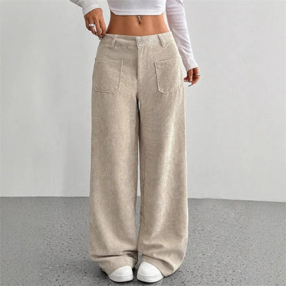 Pantalon velours femme côtelé jambe large taille haute hiver