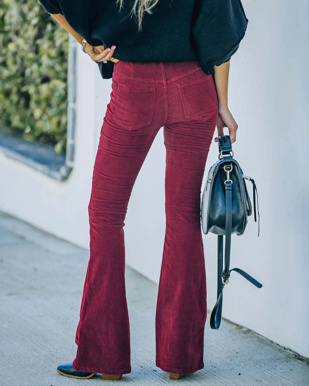 Pantalon velours femme taille haute évasé coupe flare stretch