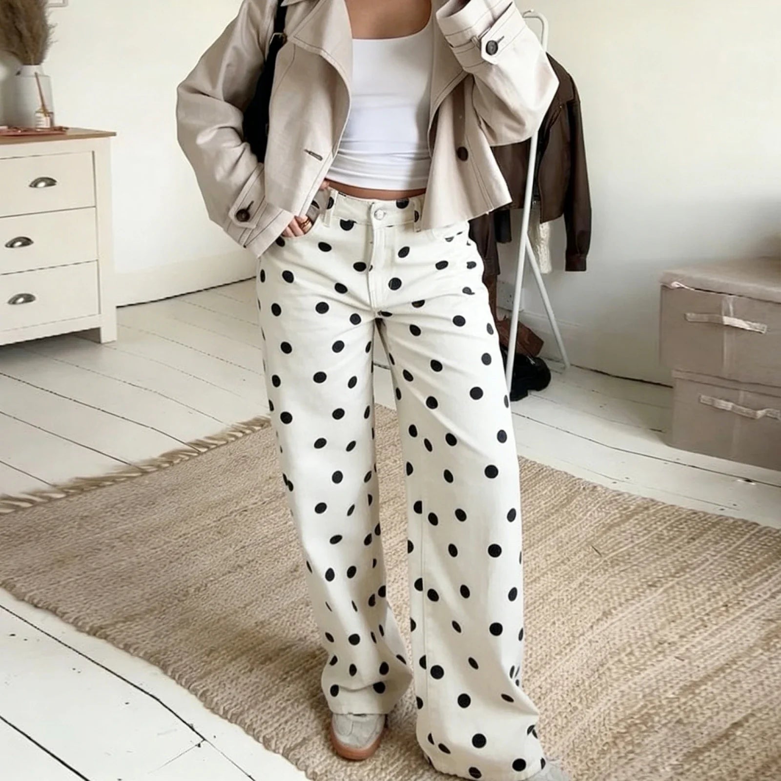 Jean femme | Taille haute, jambes larges | Style Y2K pois