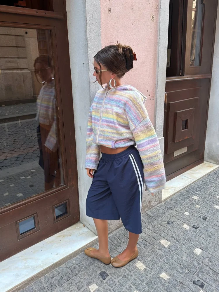 Sweat-shirt tricoté femme | Rayé, multicolore, poches zippées
