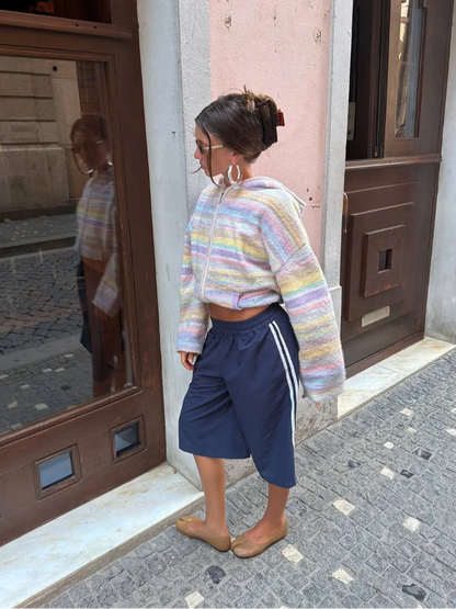 Sweat-shirt tricoté femme | Rayé, multicolore, poches zippées