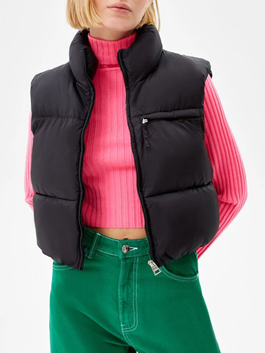 Doudoune courte femme sans manches zippée légère couleur unie