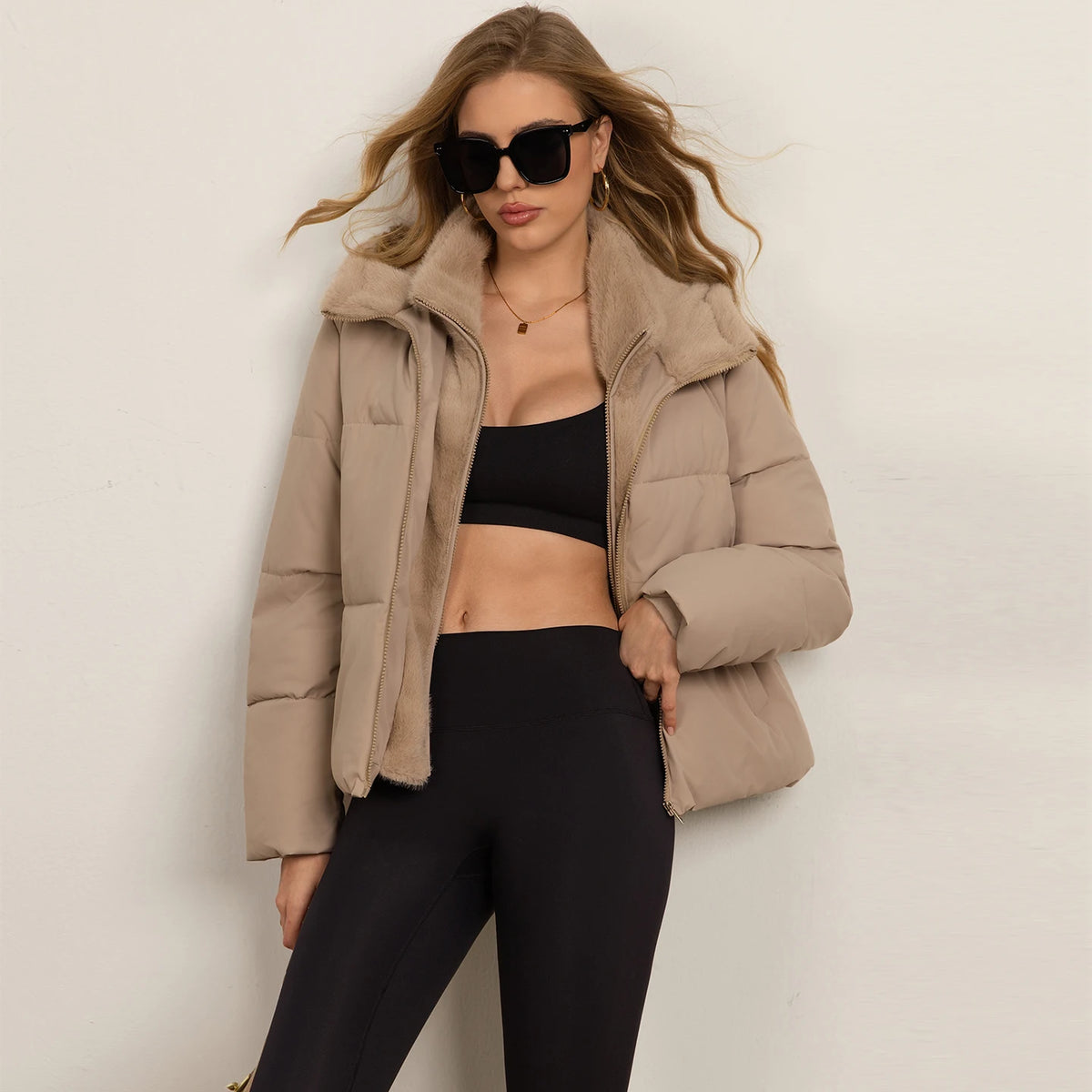 Manteau matelassé femme col montant fausse double pièce chaud hiver