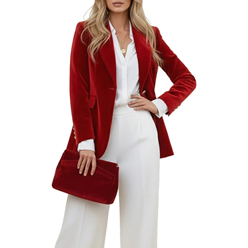 Blazer velours femme cintré avec col cranté et bouton doré