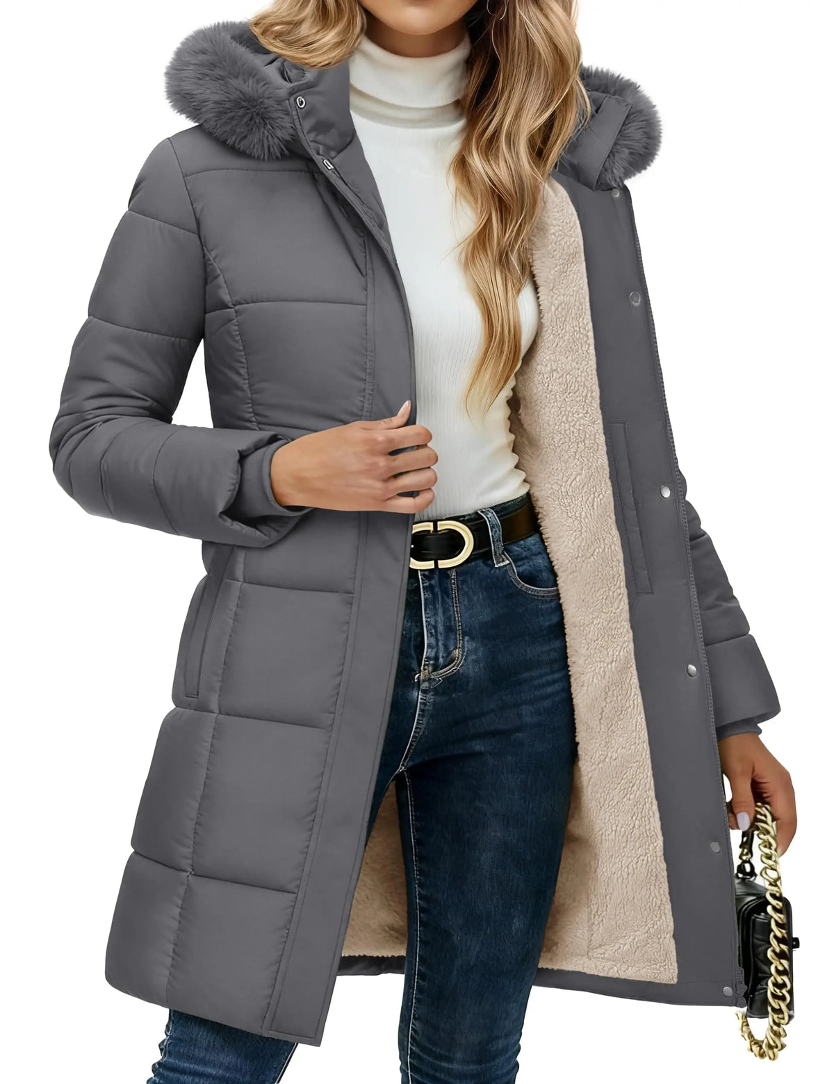 Doudoune longue femme capuche fourrure amovible avec doublure sherpa