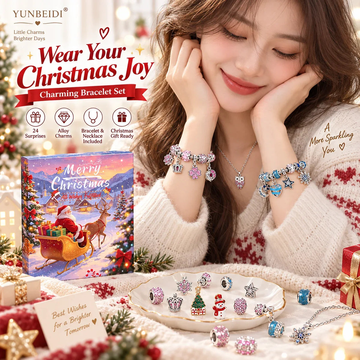 Calendrier de l'avent bracelet charms 24 jours métal Noël cadeau