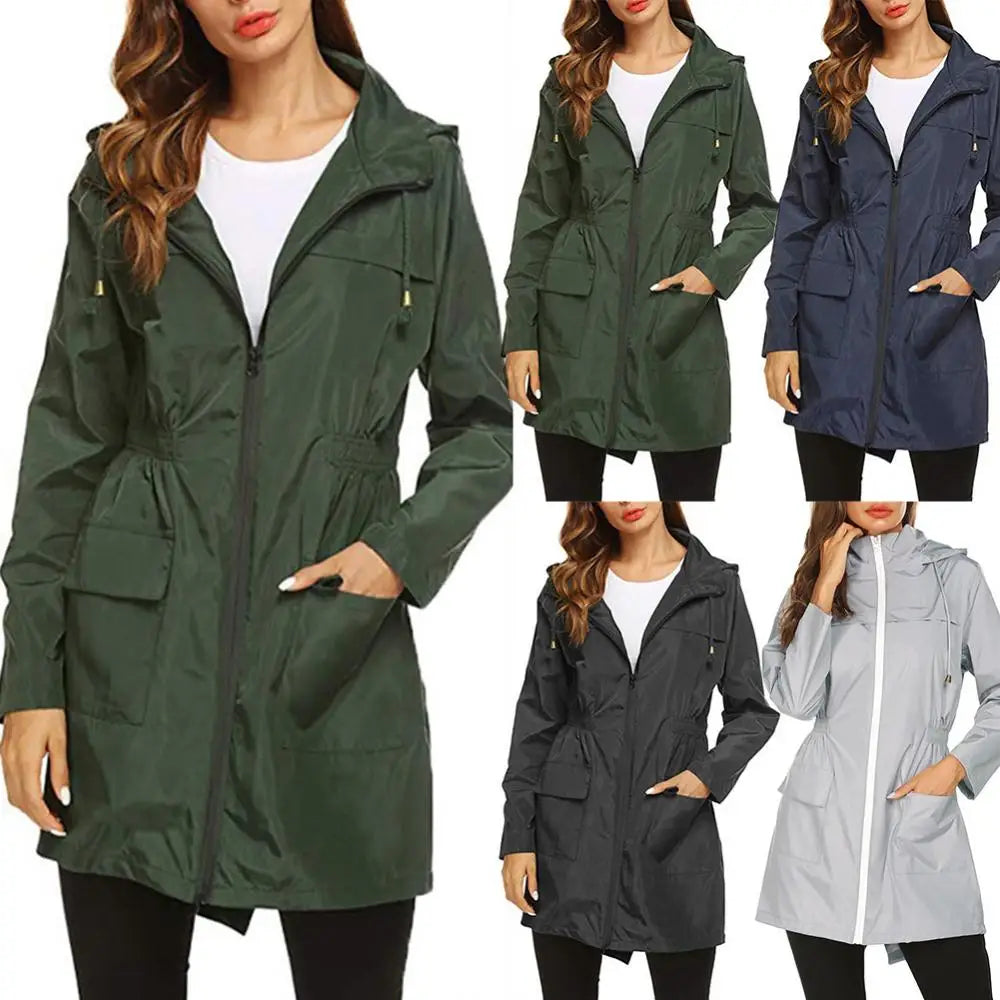 Imperméable femme long à capuche coupe vent, veste légère pour l'hiver
