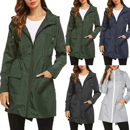 Imperméable femme long à capuche coupe vent, veste légère pour l'hiver