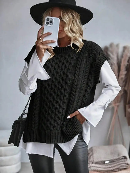 Gilet femme tricot torsadé col rond coupe ample légèrement allongée