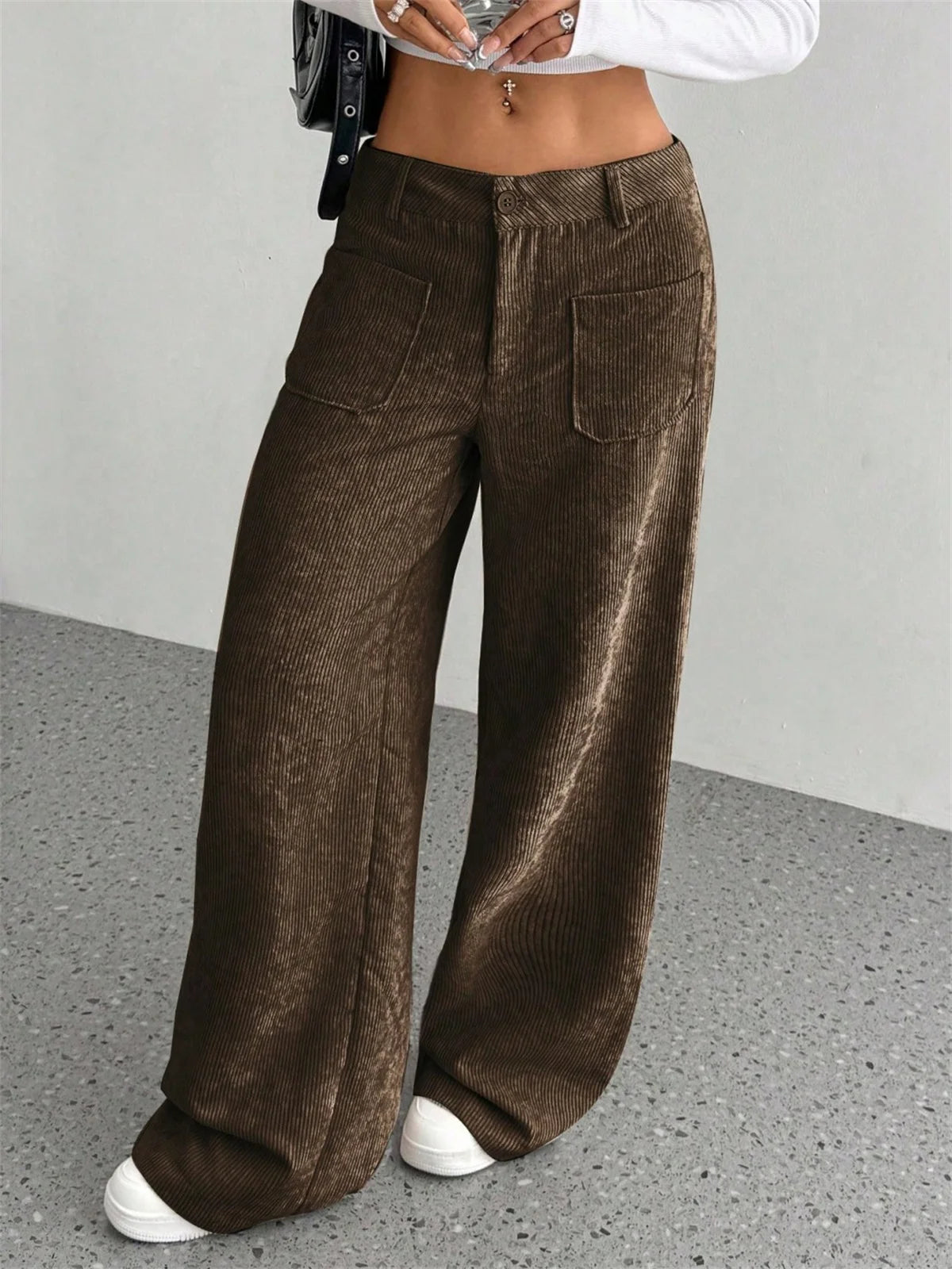 Pantalon velours femme côtelé jambe large taille haute hiver