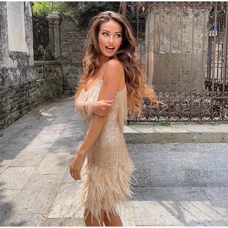 Robe de cocktail pour femme | Franges, paillettes | Style Gatsby, bordure en plumes