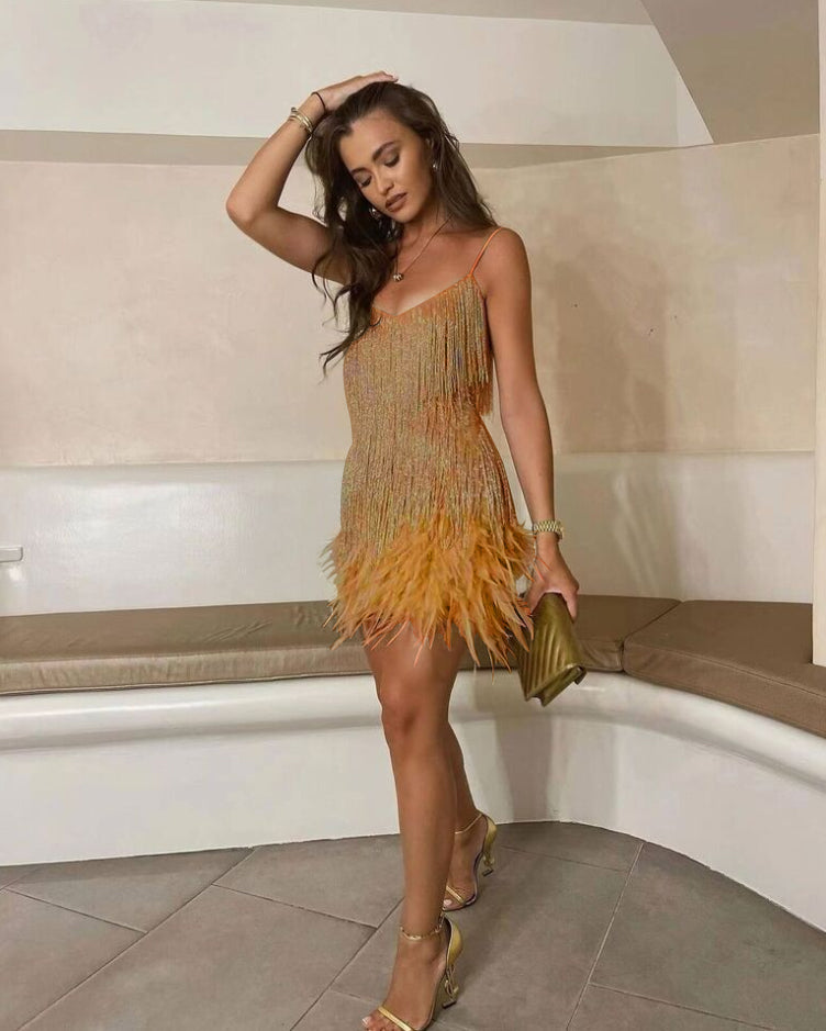 Robe de cocktail pour femme | Franges, paillettes | Style Gatsby, bordure en plumes