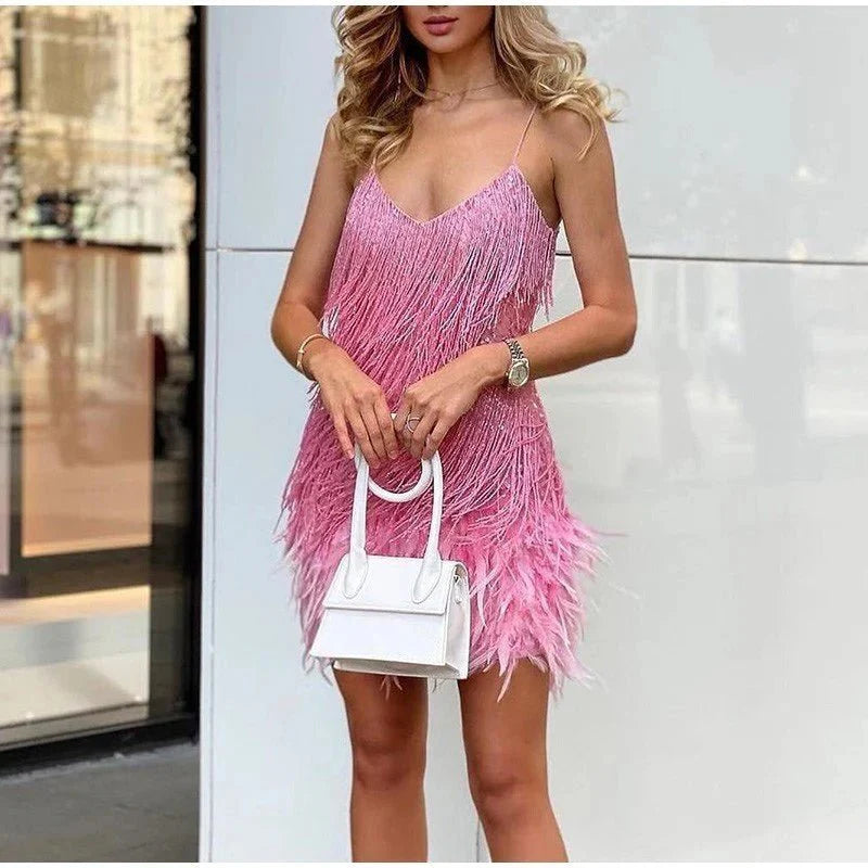 Robe de cocktail pour femme | Franges, paillettes | Style Gatsby, bordure en plumes