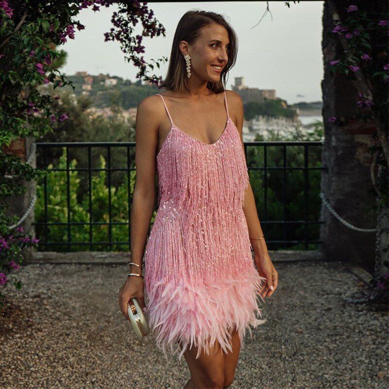 Robe de cocktail pour femme | Franges, paillettes | Style Gatsby, bordure en plumes