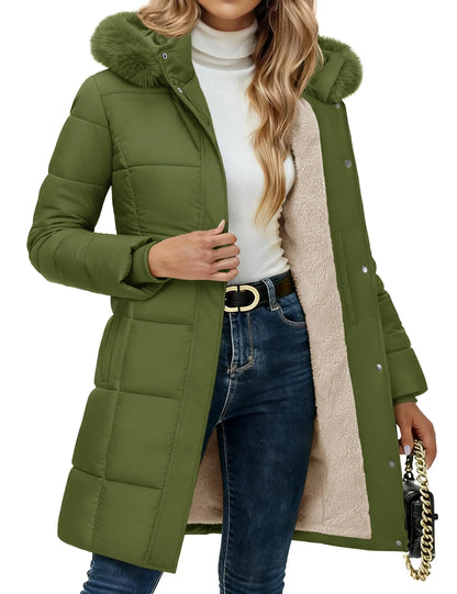 Doudoune longue femme capuche fourrure amovible avec doublure sherpa