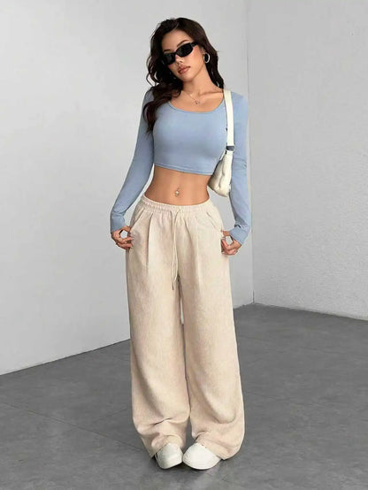 Pantalon velours femme taille élastique coupe large droite hiver