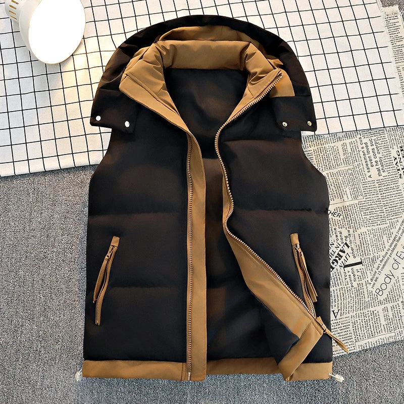 Doudoune sans manches homme imperméable avec capuche amovible, zip et poches rabats