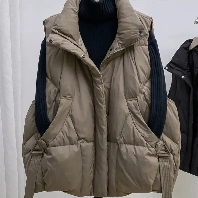 Doudoune courte femme grande taille gilet sans manche zippé col rabattu