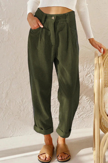 Pantalon velours femme taille élastique coupe droite côtelé couleur unie