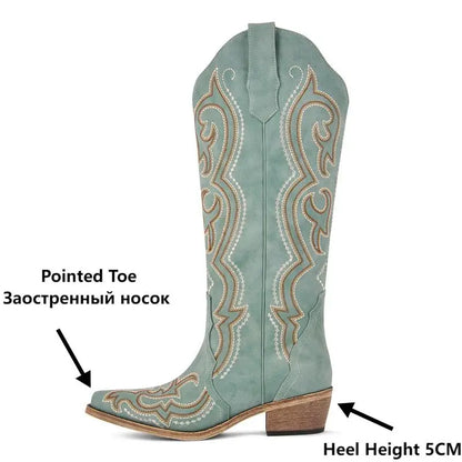 Bottes de Cowboy Femme | Montantes Genou, Broderie Occidentale, Talon Épais