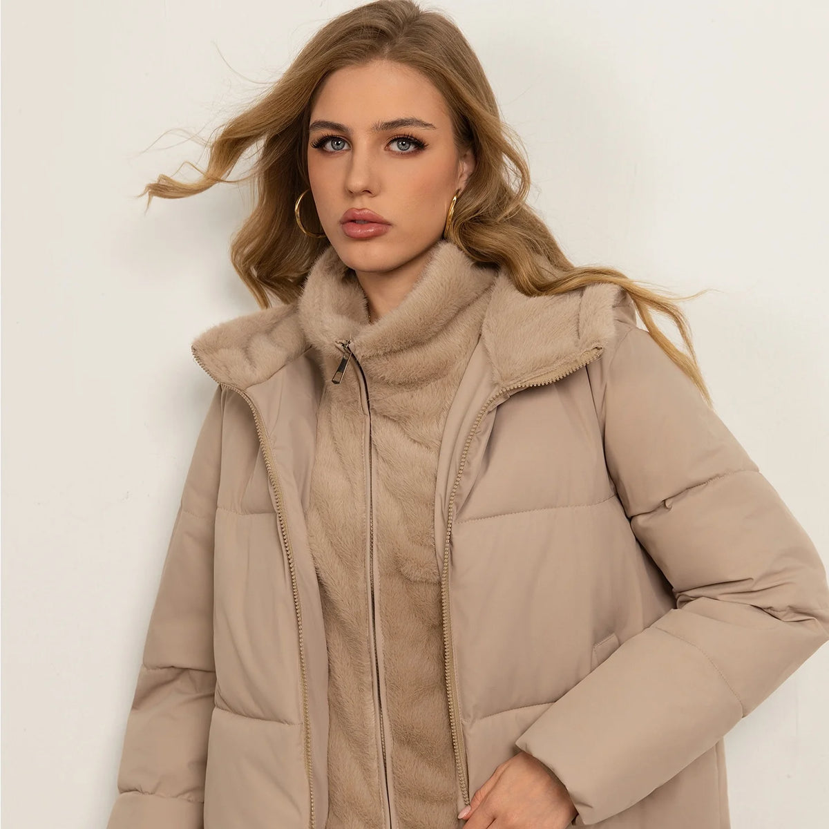 Manteau matelassé femme col montant fausse double pièce chaud hiver