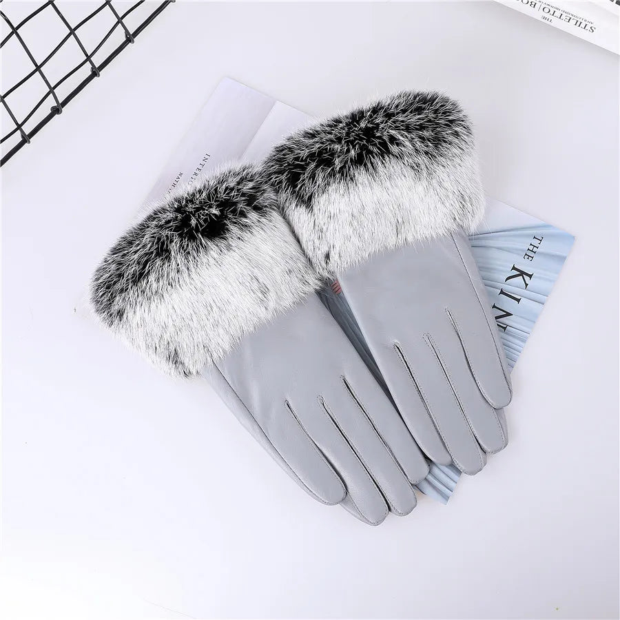 Gants cuir agneau femme doublure polaire avec poignets fourrure lapin