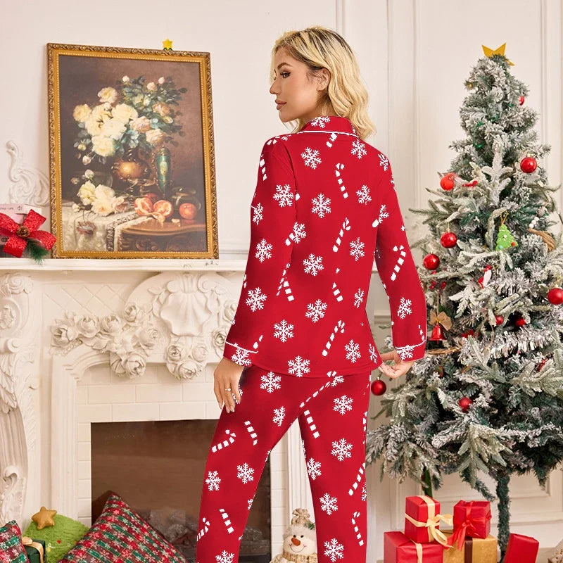 Pyjama Noël femme manches longues imprimé flocons col rabattu ensemble deux pièces