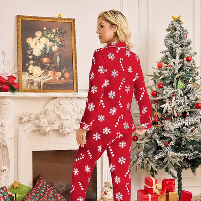 Pyjama Noël femme manches longues imprimé flocons col rabattu ensemble deux pièces