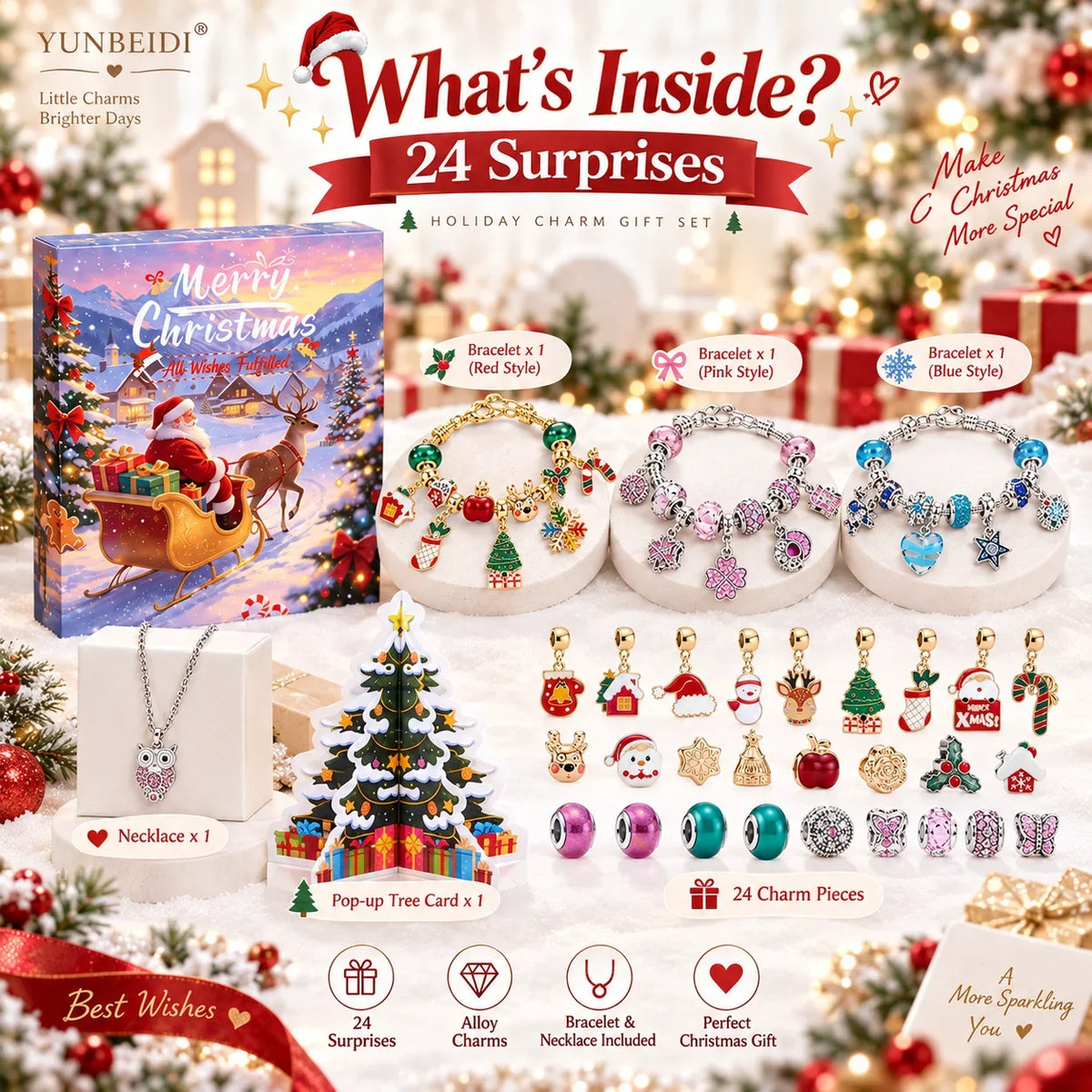 Calendrier de l'avent bracelet charms 24 jours métal Noël cadeau