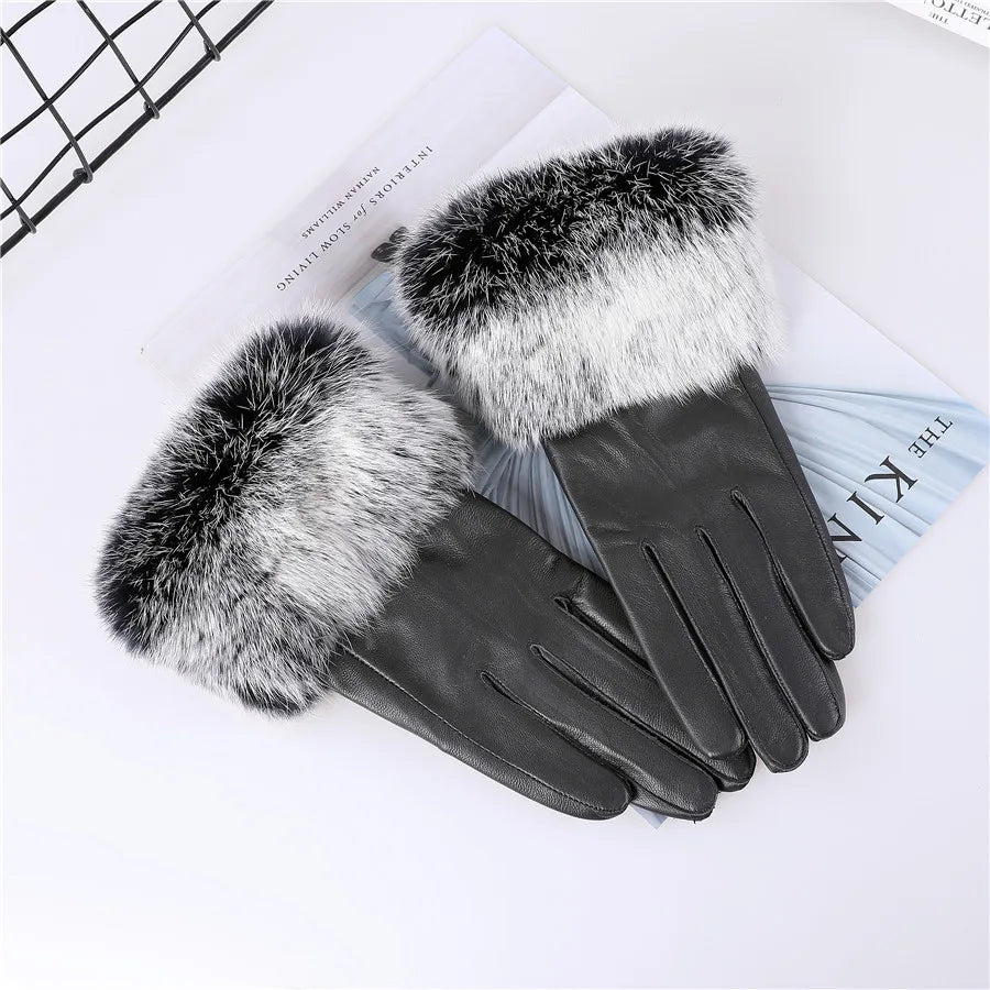 Gants cuir agneau femme doublure polaire avec poignets fourrure lapin