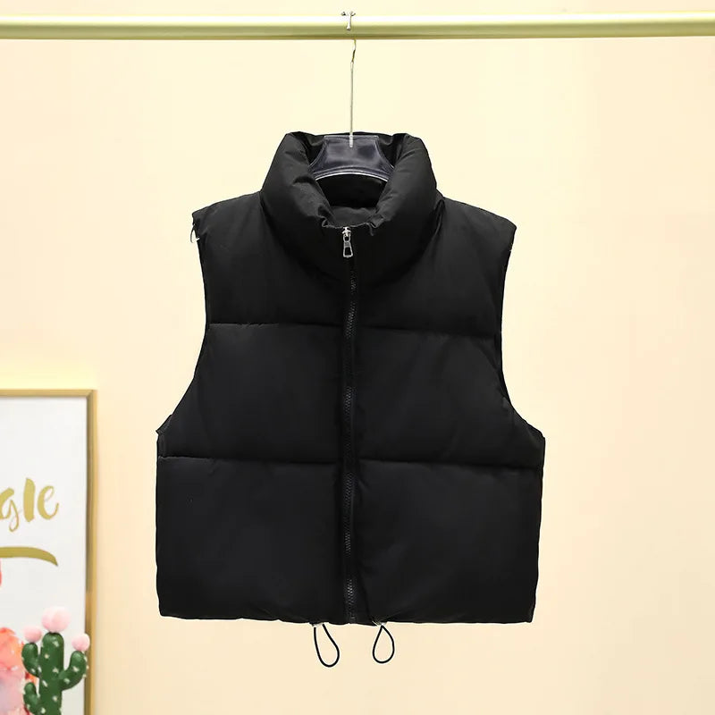 Doudoune courte femme sans manches col montant zippée coupe casual matelassée