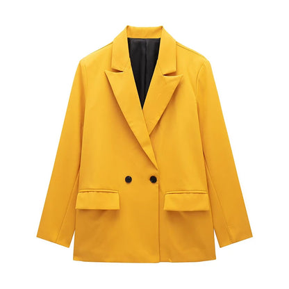 Blazer femme double boutonnage manches longues col en V cranté