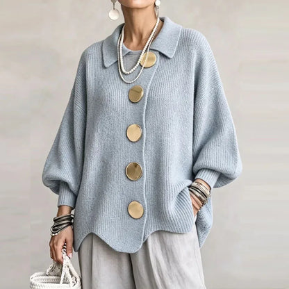 Cardigan tricoté côtelé oversize femme boutons dorés col rabattu ourlet festonné