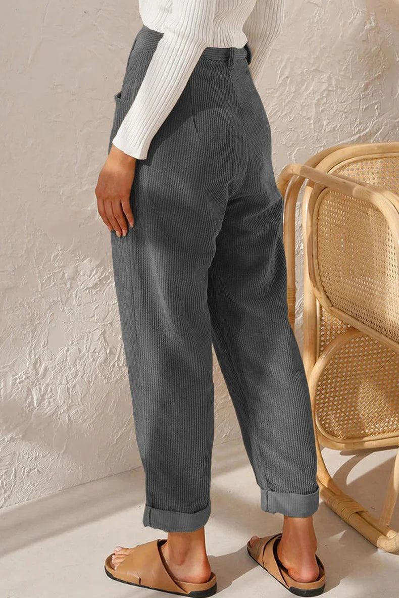 Pantalon velours femme taille élastique coupe droite côtelé couleur unie