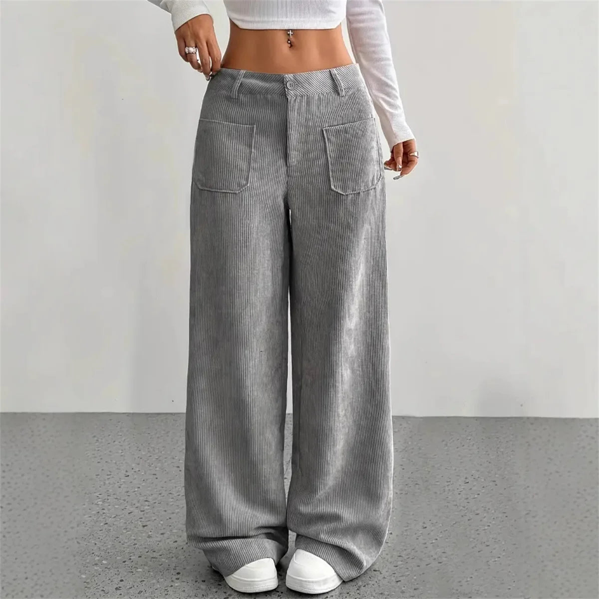 Pantalon velours femme côtelé jambe large taille haute hiver