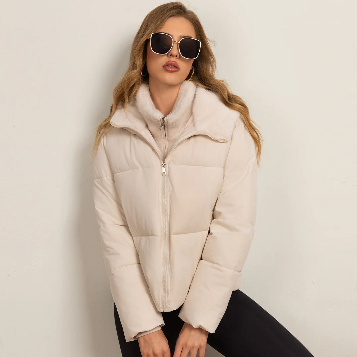 Manteau matelassé femme col montant fausse double pièce chaud hiver