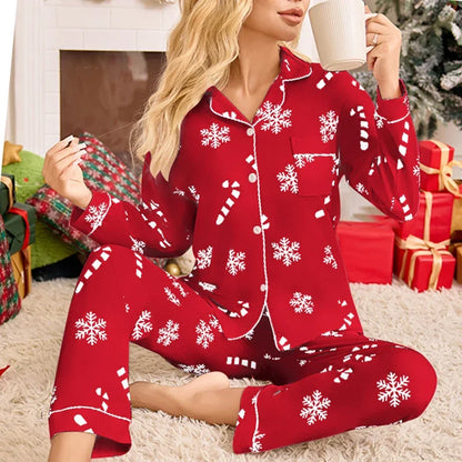 Pyjama Noël femme manches longues imprimé flocons col rabattu ensemble deux pièces