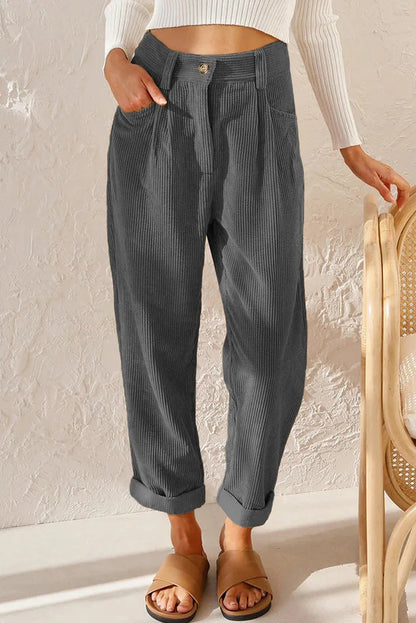 Pantalon velours femme taille élastique coupe droite côtelé couleur unie