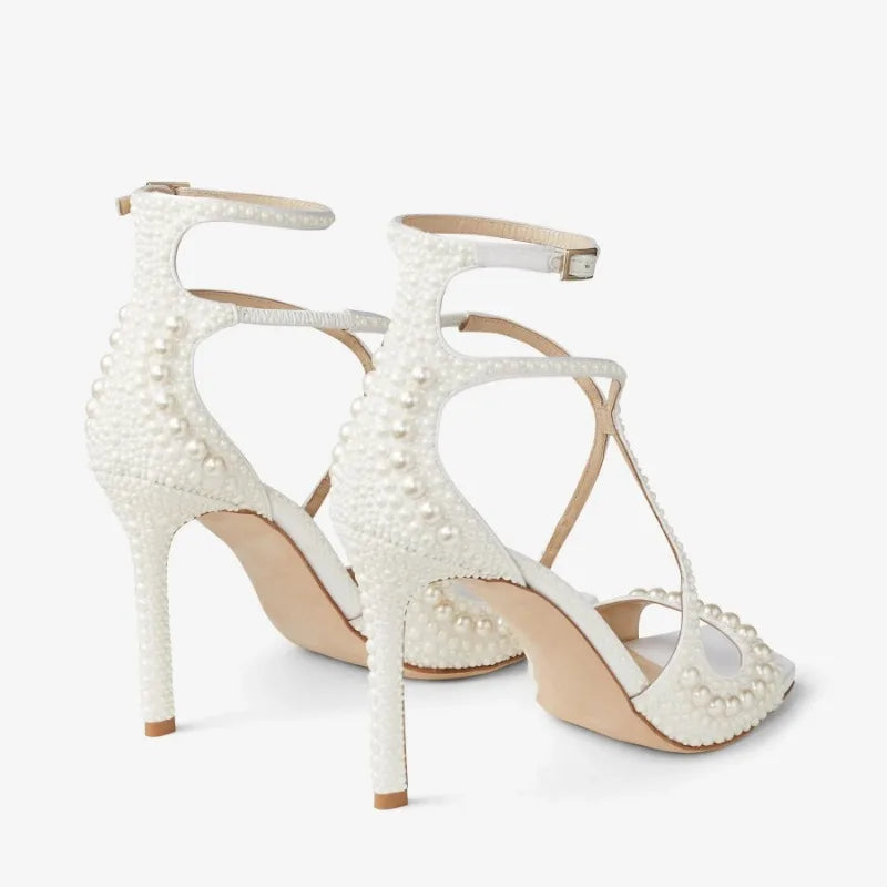 Sandales Talons Hauts Femme | Bride Perles, Ouverture Avant, Blanc