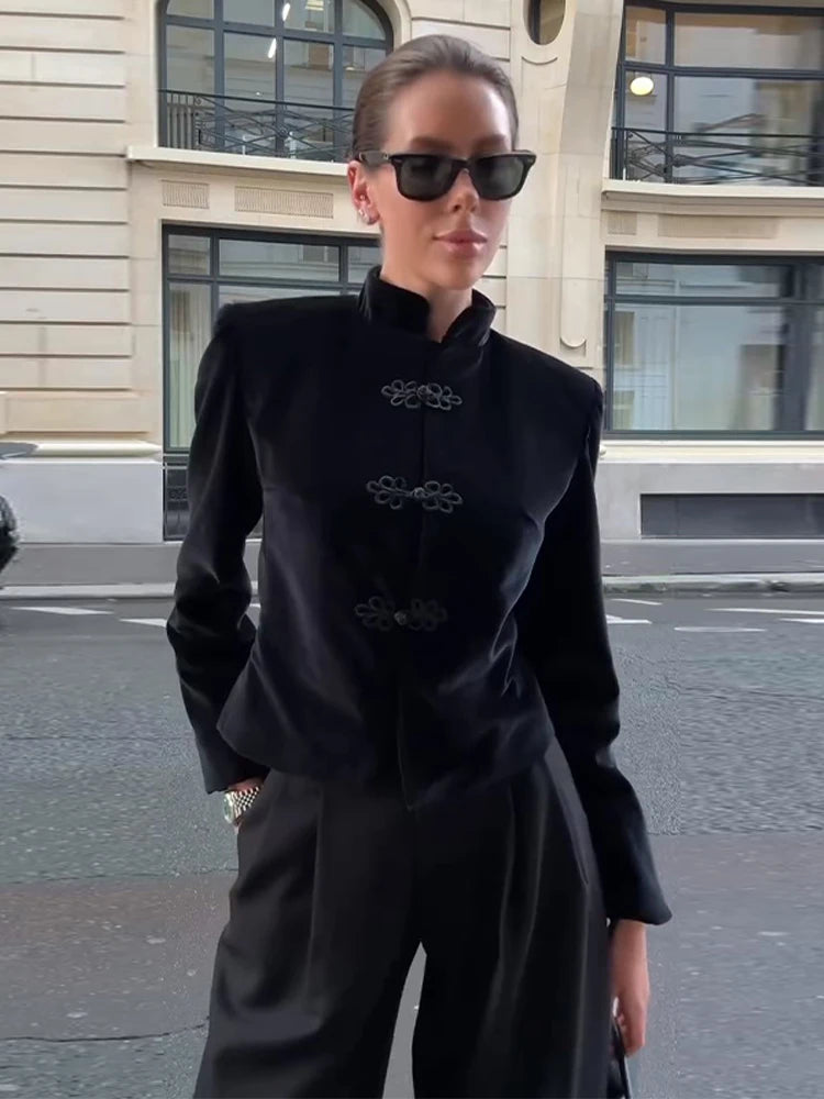 Manteau velours femme col montant et boutonnage simple vintage