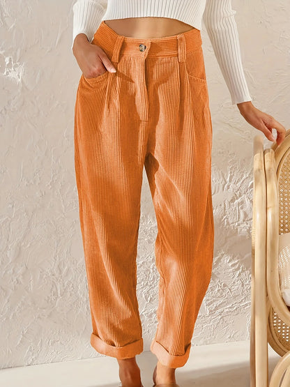 Pantalon velours femme taille élastique coupe droite côtelé couleur unie