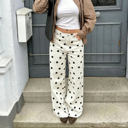 Jean femme | Taille haute, jambes larges | Style Y2K pois
