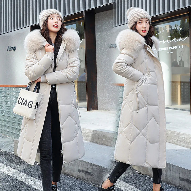 Doudoune longue femme capuche fourrure manches longues hiver, col fourrure zippée